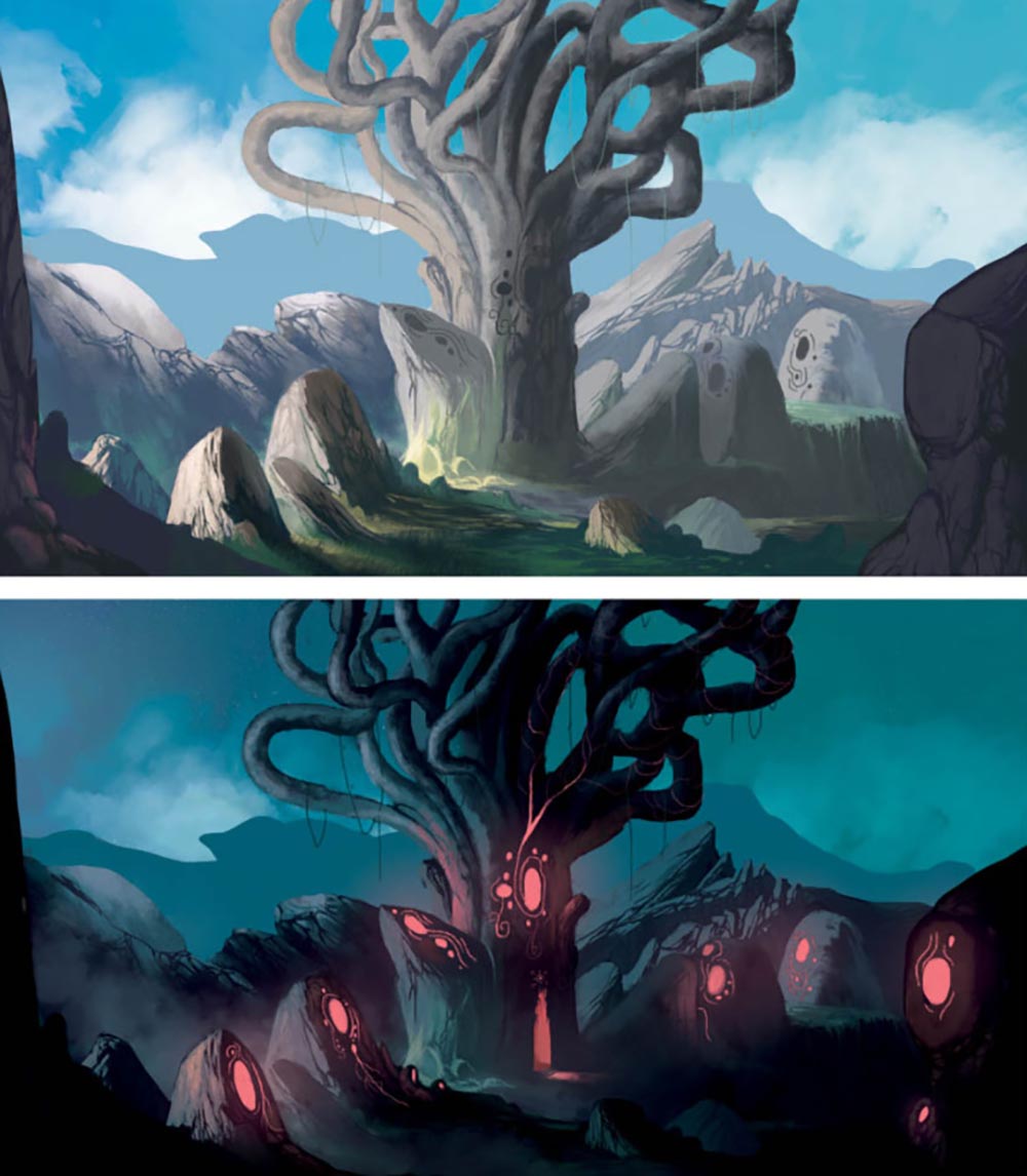 illustrated alien tree on another planet during day and night