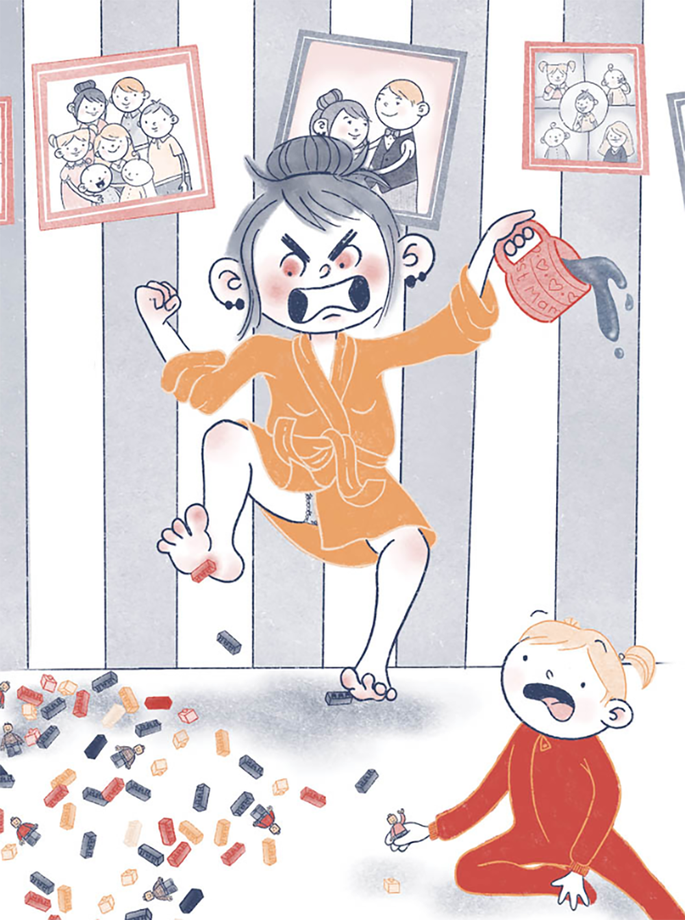 illustration of mother getting angry while stepping on legos and baby nearby